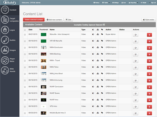 iBuildr Admin - Content List - easily manage content libraries